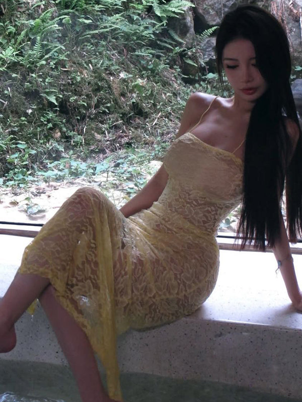 Pure Desire Style Sexy Hot Girl Yellow Halter Neck Dress for Women Summer Beach Vacation Slimming Beach Bodycon Long Dress