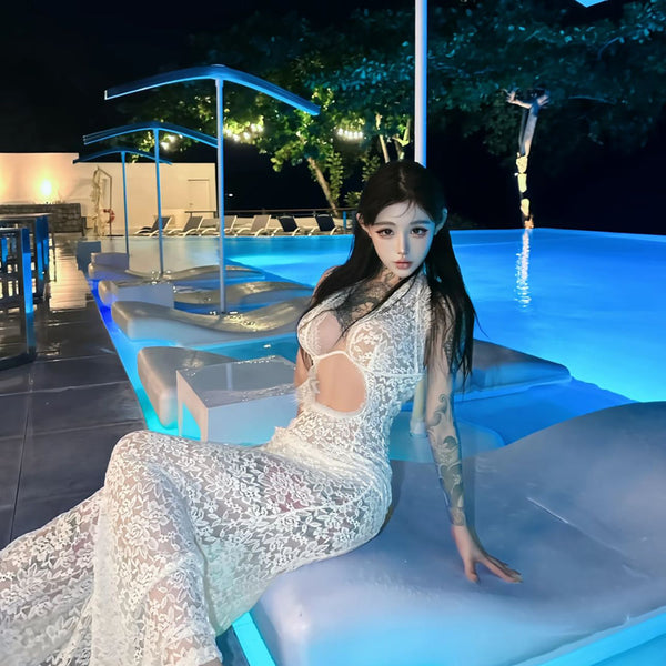 Pure Desire Style Sexy Hot Girl Hollow Out Sheer V-neck Low-cut Lace Halter Dress Sheer Long Dress Beach Dress