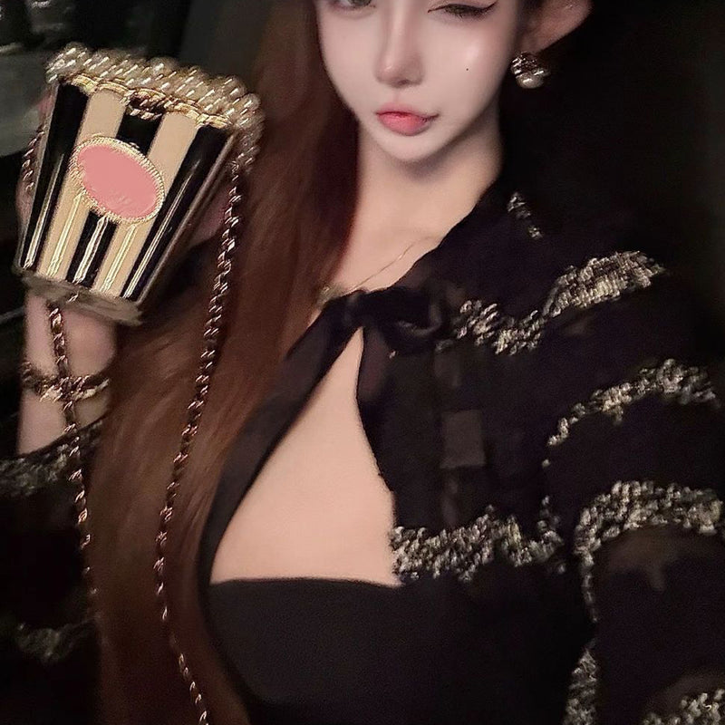 Pure Desire Style Sexy Hot Girl Hollow Lace Patchwork Long Sleeve Top Bow Tie Versatile Black Slimming Top