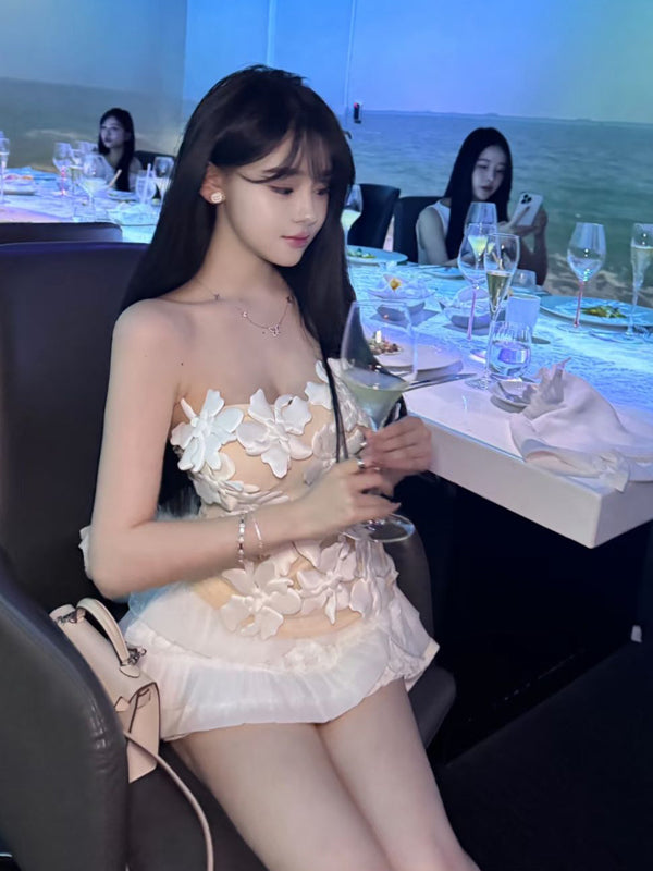 Pure Desire Style Sexy Hot Girl 3D Flower Patchwork Tube Top Camisole Sexy Hot Girl Backless Halter Top