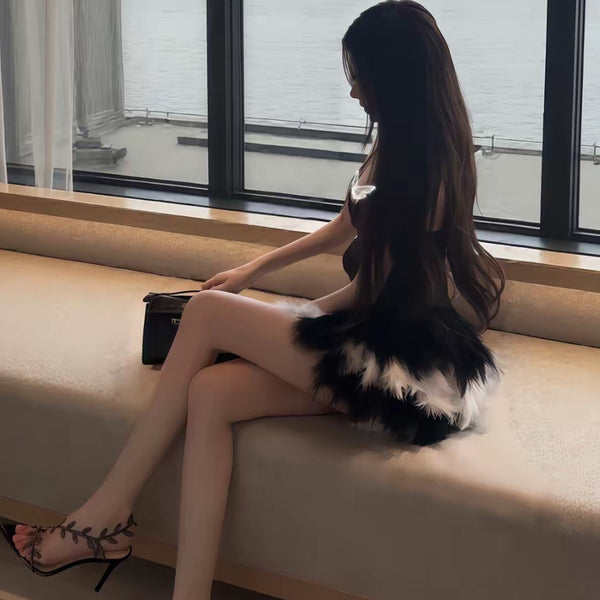 Pure Desire Style Sexy Hot Girl Black Low-Cut Tube Top Dress Summer Slimming Bodycon Furry Color Block Fashion Short Dress