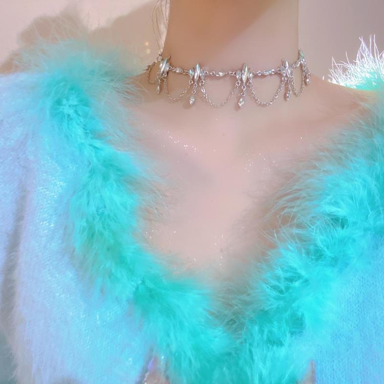 Qingshui Lingzi - Super Fairy Temperament Niche Full Diamond Tassel Design Sense Choker Necklace Party Dress Accessories for Women
