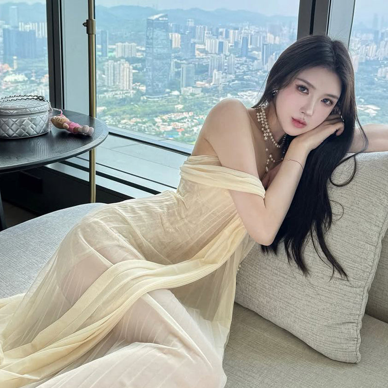 Pure Desire Sexy Spicy Girl Strapless Dress Women Summer Vacation Elegant Beach Dress Beach Long Dress Mesh Dress