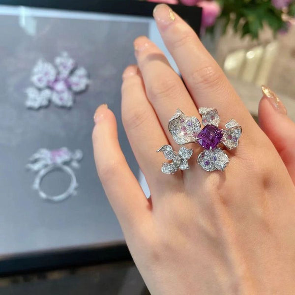 Bright diamond colored treasure flower ring opening ins light luxury high sense niche design elegant temperament versatile ring