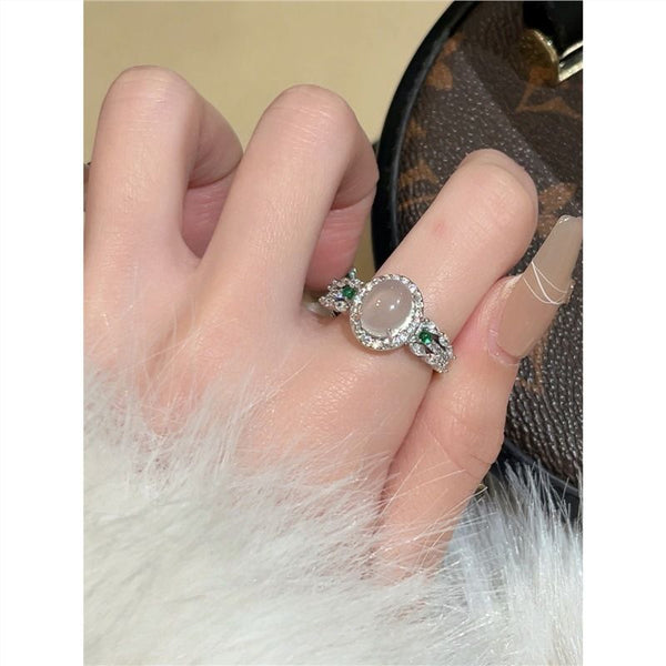 French f simulation white chalcedony jade ring femininity luxury exquisite high sense light luxury index finger ring