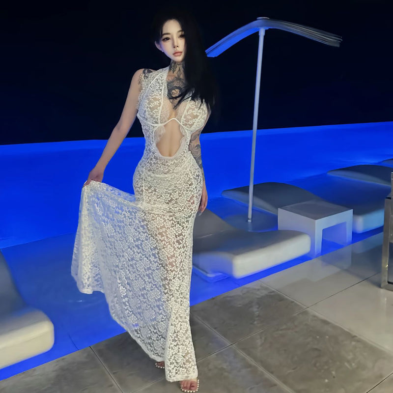 Pure Desire Style Sexy Hot Girl Hollow Out Sheer V-neck Low-cut Lace Halter Dress Sheer Long Dress Beach Dress