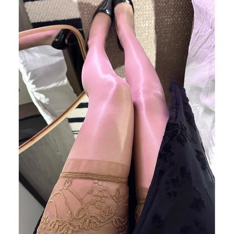 [2377 People Collected] Aurora Lace Trim Long Tube Socks Black Silk Silicone Non-Slip Toe Transparent Sexy Glossy Stockings Over-the-Knee Socks Pure Desire