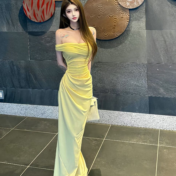 Pure Desire Sexy Hot Girl Off-Shoulder Yellow Mesh Dress Beach Vacation Slim Fit Ruched Slimming Bodycon Long Dress