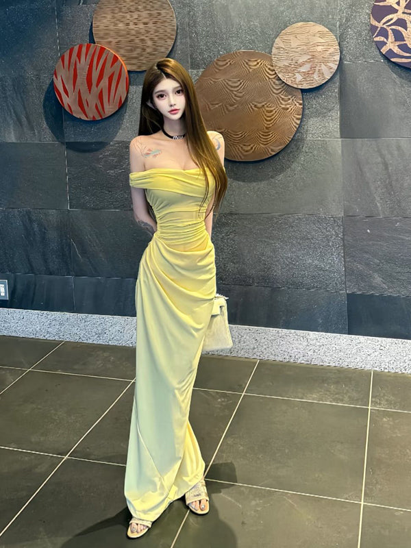 Pure Desire Sexy Hot Girl Off-Shoulder Yellow Mesh Dress Beach Vacation Slim Fit Ruched Slimming Bodycon Long Dress