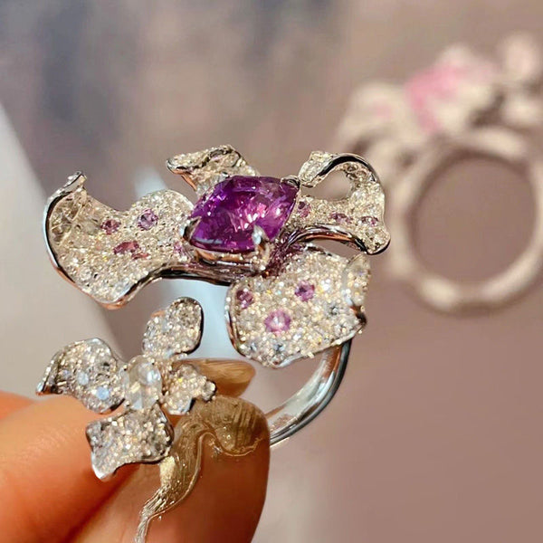 Bright diamond colored treasure flower ring opening ins light luxury high sense niche design elegant temperament versatile ring