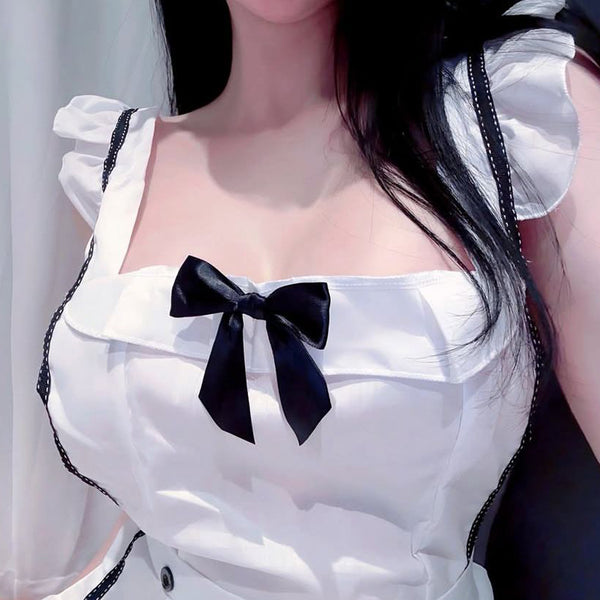 Pure Desire Style Sexy Hot Girl Bow Tie Lace-Up Nightdress Maid Kitchen Girl Nightgown Summer Exposed Navel Age-Reducing Temptation Homewear