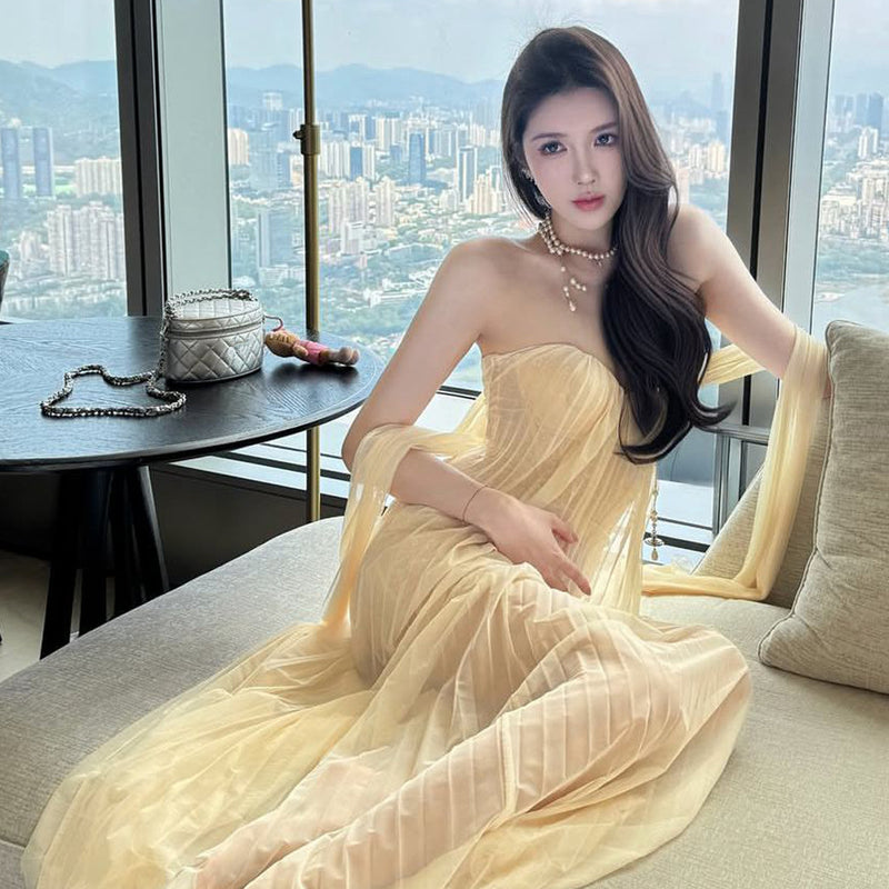 Pure Desire Sexy Spicy Girl Strapless Dress Women Summer Vacation Elegant Beach Dress Beach Long Dress Mesh Dress