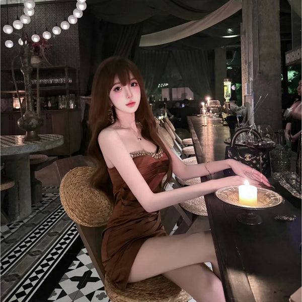 Pure Desire Style Sexy Hot Girl Heavy Pleated Strapless Dress Women French Light Luxury Socialite Waist-Cinching Party Gown Dress