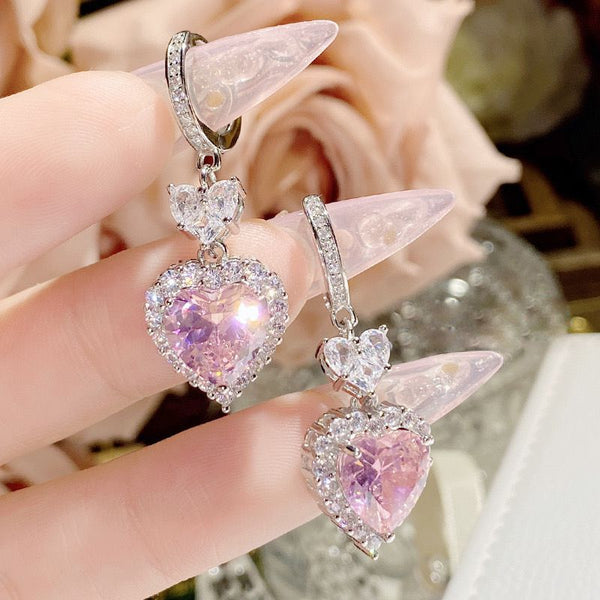 Celebrity temperament luxury rhinestone pink love full diamond stud earrings set French romantic heart earrings fashion light luxury