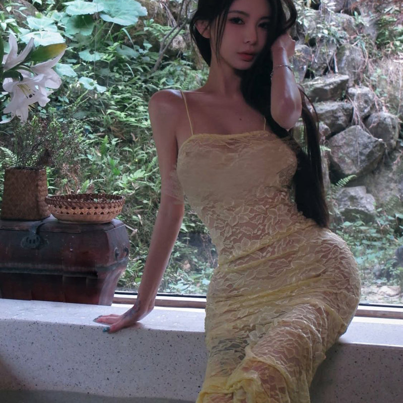 Pure Desire Style Sexy Hot Girl Yellow Halter Neck Dress for Women Summer Beach Vacation Slimming Beach Bodycon Long Dress