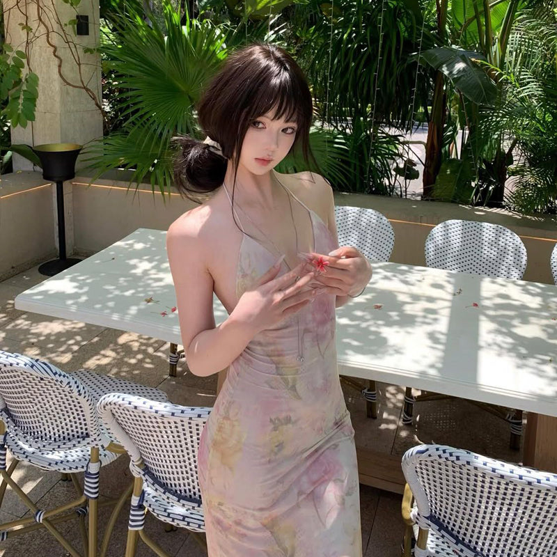 Pure Desire Style Sexy Hot Girl Floral Strap Dress Women Summer Vacation Slim Beach Backless Butterfly Bodycon Long Dress