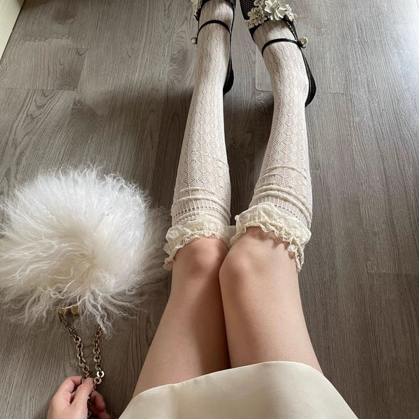 Summer Thin Lace Trim Sexy Long Tube Socks Floral Hollow Breathable Hot Girl Thigh High Versatile Over-the-Knee Slouch Socks