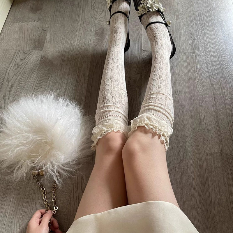 Summer Thin Lace Trim Sexy Long Tube Socks Floral Hollow Breathable Hot Girl Thigh High Versatile Over-the-Knee Slouch Socks