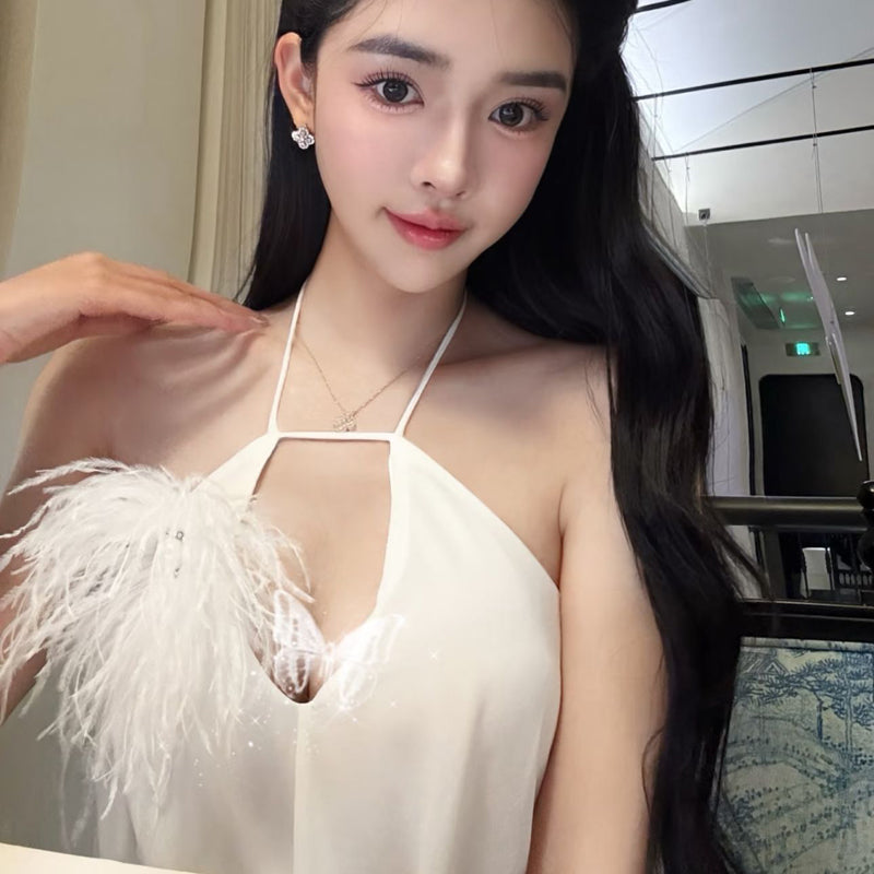 Pure Desire Sexy Hot Girl Feather Strap Dress Summer Beach Vacation Slimming Beach Elegant Noble Lady Bodycon Short Dress