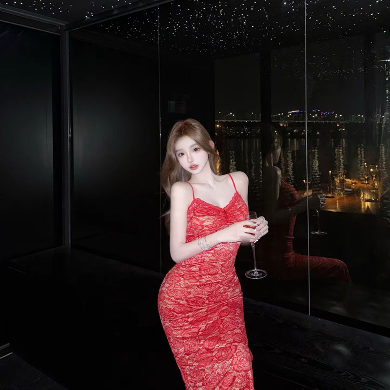 Pure Desire Style Sexy Hot Girl Lace Patchwork Spaghetti Strap Dress Red Retro Slim Fit Bodycon Vacation Birthday Long Dress