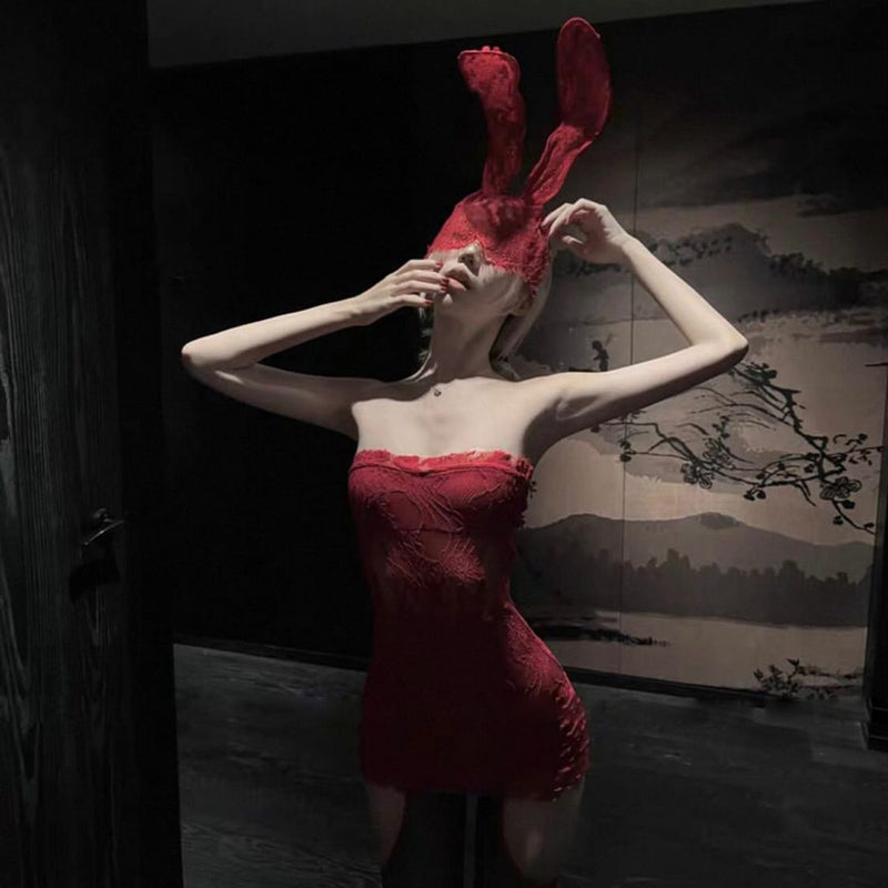 Pure Desire Style Sexy Hot Girl Off-Shoulder Red Lace Tube Dress Hot Girl Waist-Cinching Bodycon Dress