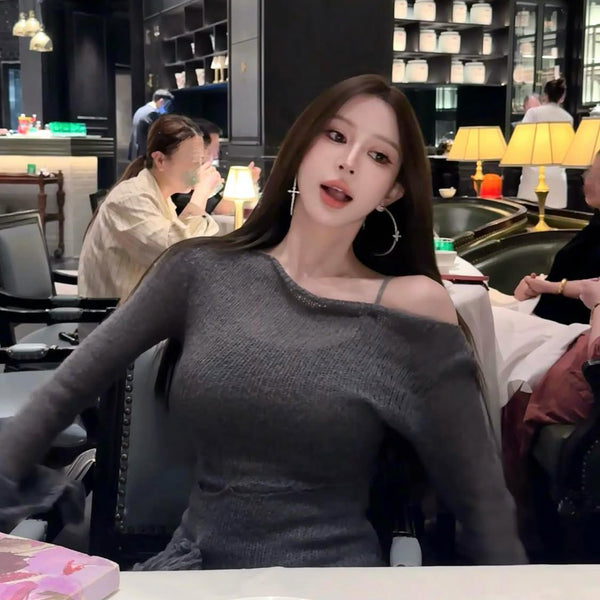 Pure Desire Style Sexy Hot Girl Hollow Out Off-Shoulder Long Sleeve Knitted Tie Summer Slim Fit Thin Ripped Base Dress