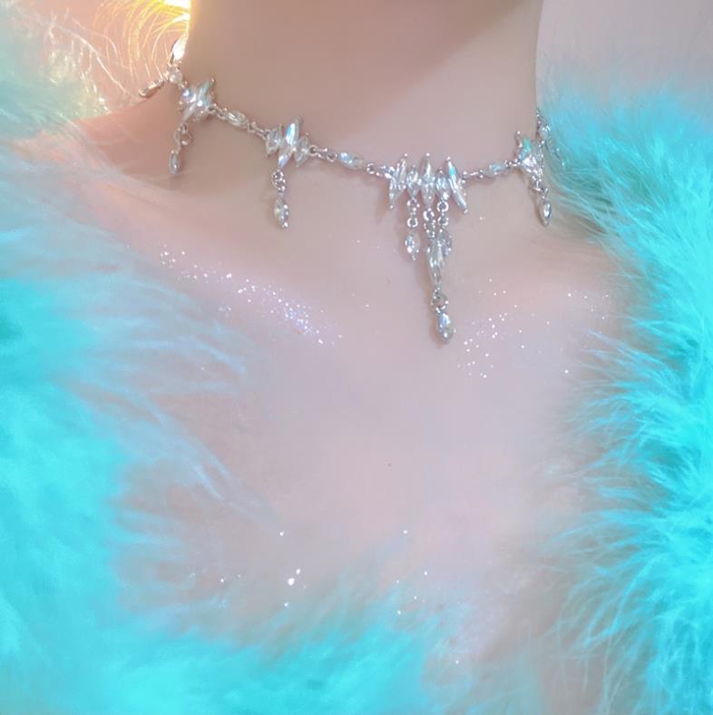 Qingshui Lingzi - Super Fairy Temperament Niche Full Diamond Tassel Design Sense Choker Necklace Party Dress Accessories for Women