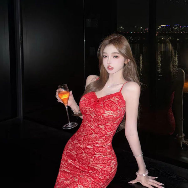 Pure Desire Style Sexy Hot Girl Lace Patchwork Spaghetti Strap Dress Red Retro Slim Fit Bodycon Vacation Birthday Long Dress