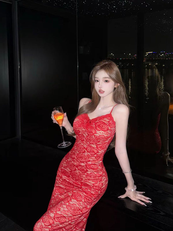 Pure Desire Style Sexy Hot Girl Lace Patchwork Spaghetti Strap Dress Red Retro Slim Fit Bodycon Vacation Birthday Long Dress