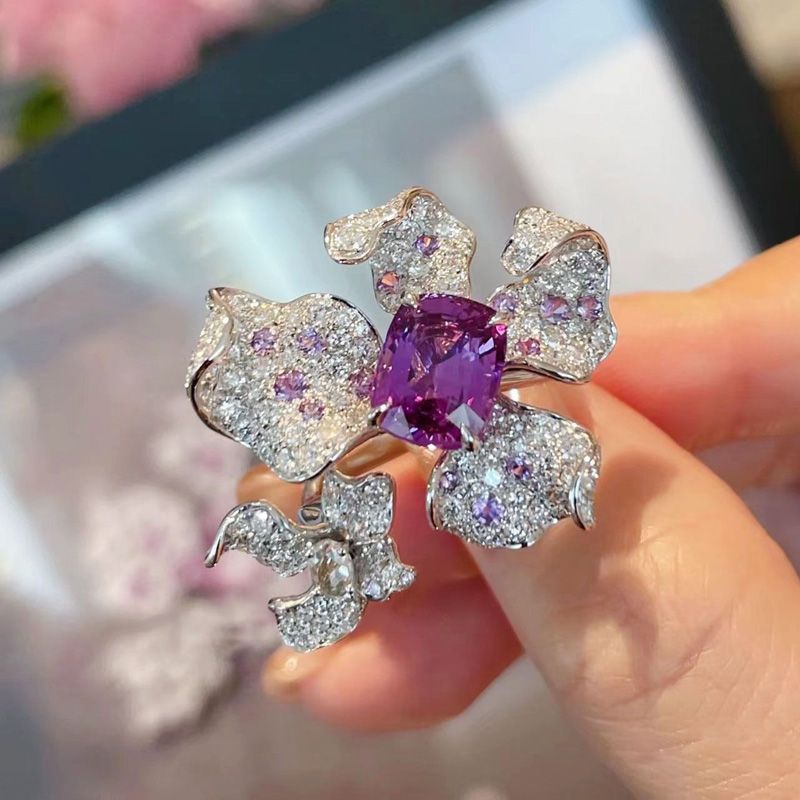 Bright diamond colored treasure flower ring opening ins light luxury high sense niche design elegant temperament versatile ring