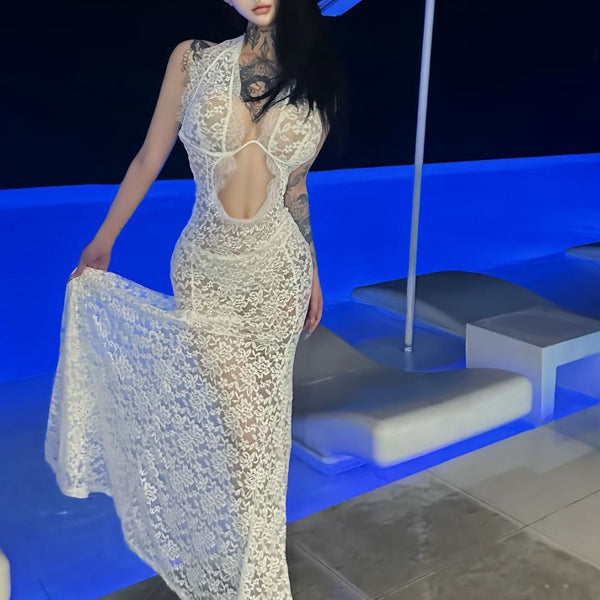 Pure Desire Style Sexy Hot Girl Hollow Out Sheer V-neck Low-cut Lace Halter Dress Sheer Long Dress Beach Dress