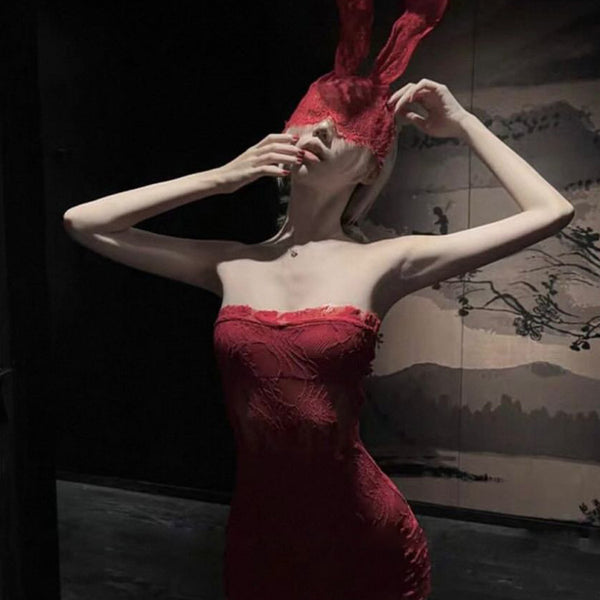 Pure Desire Style Sexy Hot Girl Off-Shoulder Red Lace Tube Dress Hot Girl Waist-Cinching Bodycon Dress