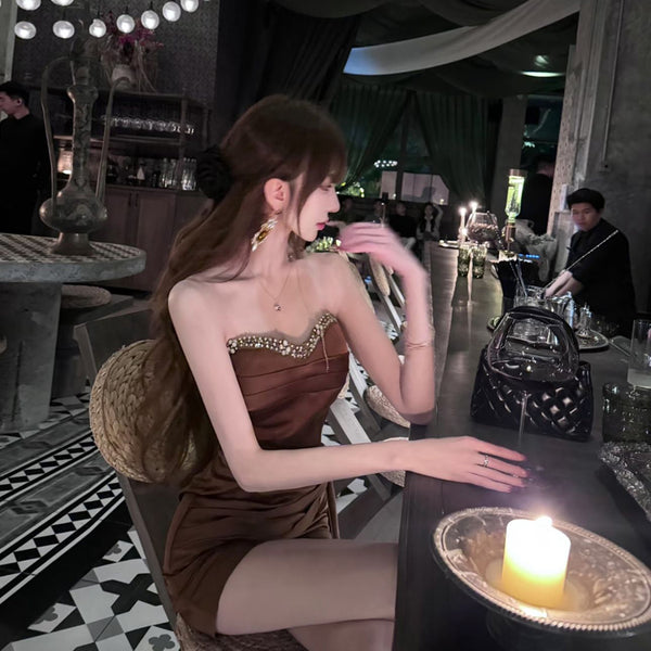 Pure Desire Style Sexy Hot Girl Heavy Pleated Strapless Dress Women French Light Luxury Socialite Waist-Cinching Party Gown Dress