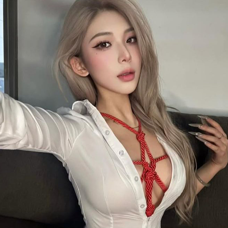 Pure Desire Style Sexy Hot Girl Lace Patchwork Temptation Uniform Shirt Set
