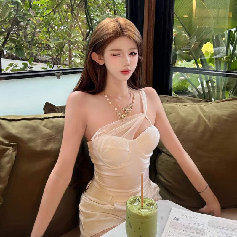 Pure Desire Style Sexy Hot Girl White Mesh Patchwork Sexy Strapless Off-Shoulder Vest with Chest Pad Short Top for Summer