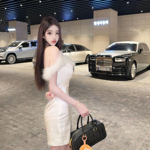 Pure Desire Style Sexy Hot Girl Off-Shoulder Dress Women Summer White Birthday Dress Slimming Backless Base Short Dress