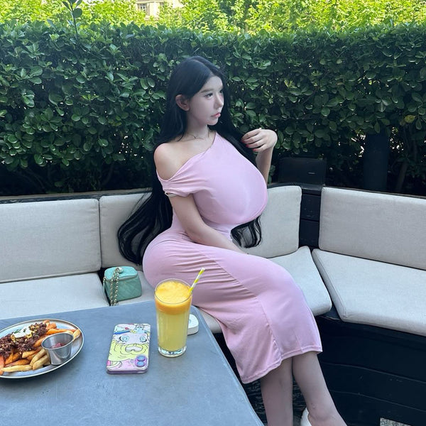 Pure Desire Style Sexy Hot Girl Pink Off-Shoulder Slim Backless Tie Dress Elegant Beach Vacation Mid-Length Dress