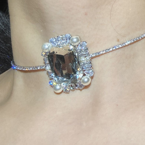 Choker Flash Diamond Necklace Square Diamond Design Sense Niche Neck Chain Wedding Dress Accessories Nightclub Disco Choker