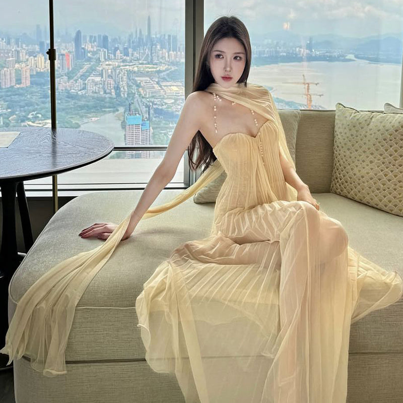 Pure Desire Sexy Spicy Girl Strapless Dress Women Summer Vacation Elegant Beach Dress Beach Long Dress Mesh Dress