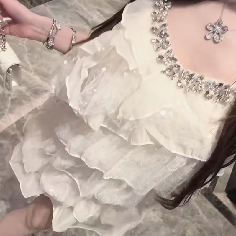 Pure Desire Style Sexy Hot Girl Lace Patchwork Spaghetti Strap Dress Summer Beach Vacation Slimming Rhinestone High-end Feel