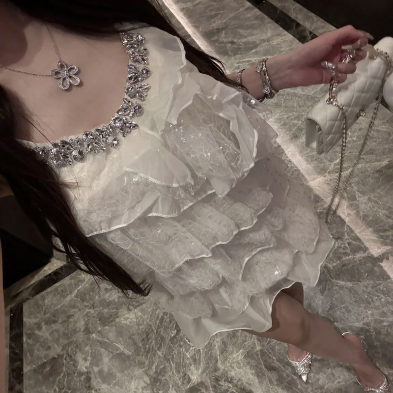Pure Desire Style Sexy Hot Girl Lace Patchwork Spaghetti Strap Dress Summer Beach Vacation Slimming Rhinestone High-end Feel