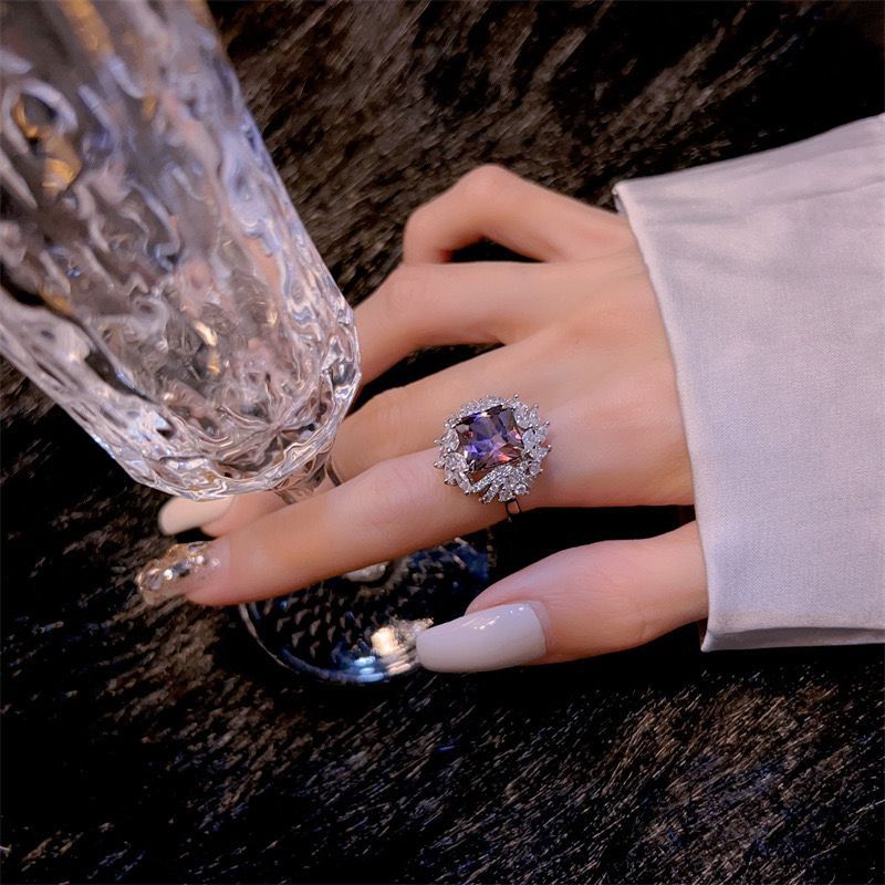 Color Treasure Celebrity ins Light Luxury Ring Bright Full of Diamonds High Sense Noble Purple Rhinestone Ring Full of Diamond Rings Female