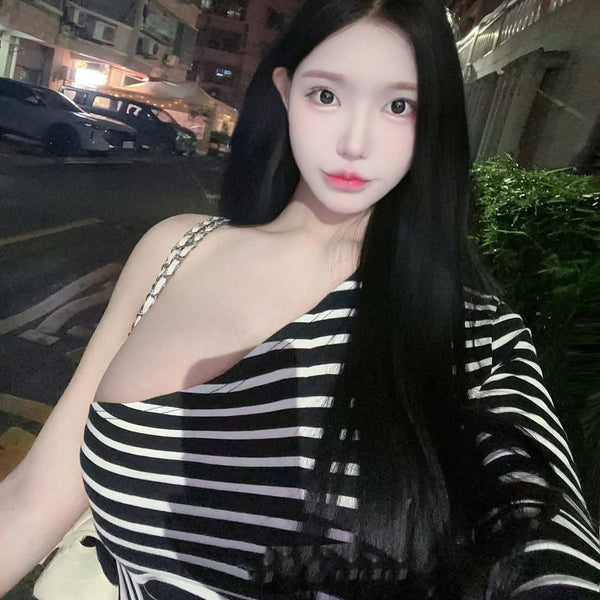 Pure Desire Sexy Hot Girl Black and White Striped Stretch Long Sleeve T-Shirt for Women Spring Large Bust Slim Waist Pure Desire Slim Fit Off-Shoulder Top
