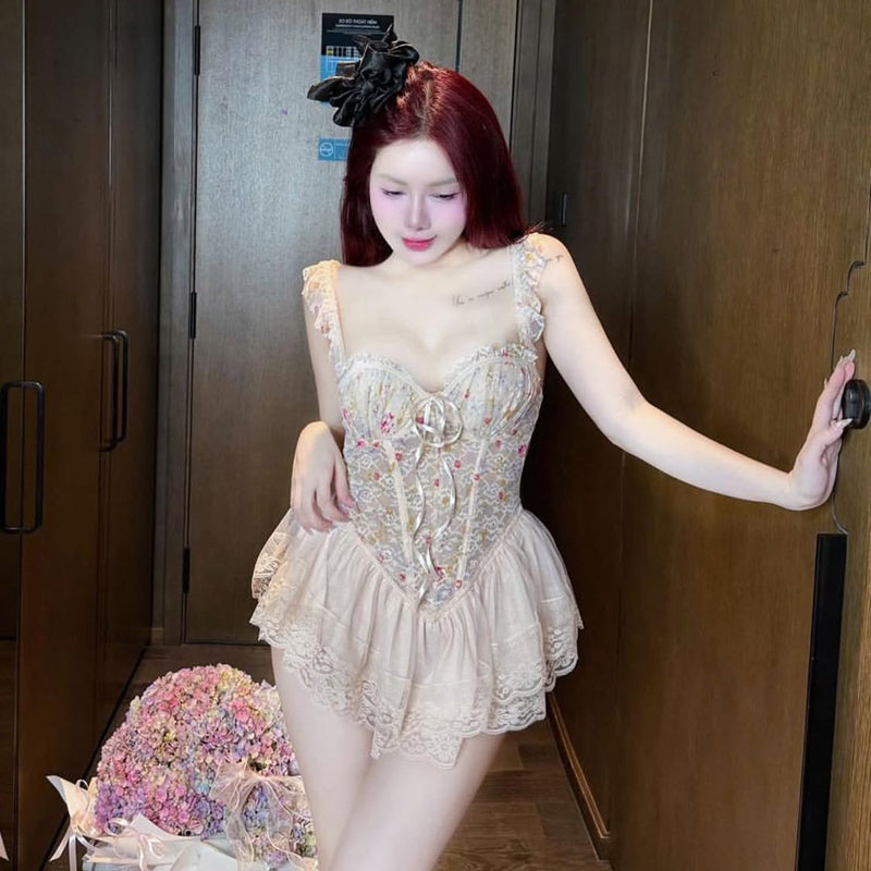 Pure Desire Style Sexy Hot Girl Floral Print Sweet Fishbone Bra with Chest Pads Slimming Gathered Sexy Short Dress Nightdress