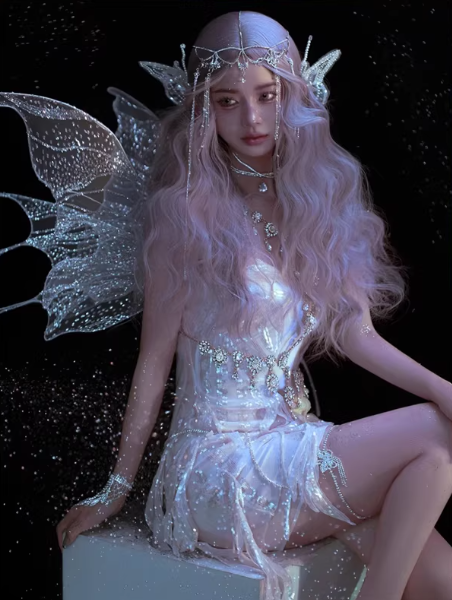 The skin is as cold as ice and the bones are as clear as a river |   Handmade custom sparkling irregular strapless gown with fairy wings