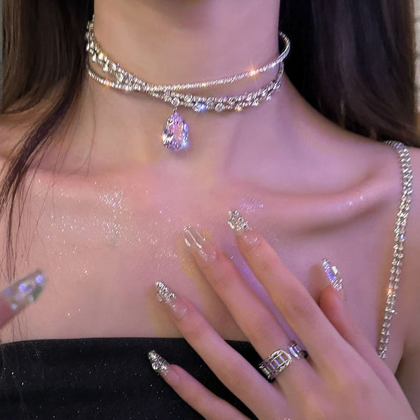 Princess style sweet birthday necklace zircon necklace collarbone chain headwear dual-use versatile rhinestone double row necklace for women