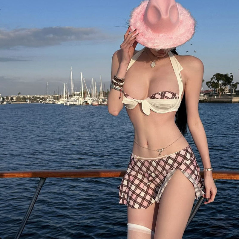 Pure Desire Style Sexy Hot Girl Bikini Small Chest Push-Up Slimming Hot Spring Vacation Beach Plaid Two-Piece Swimsuit for Women