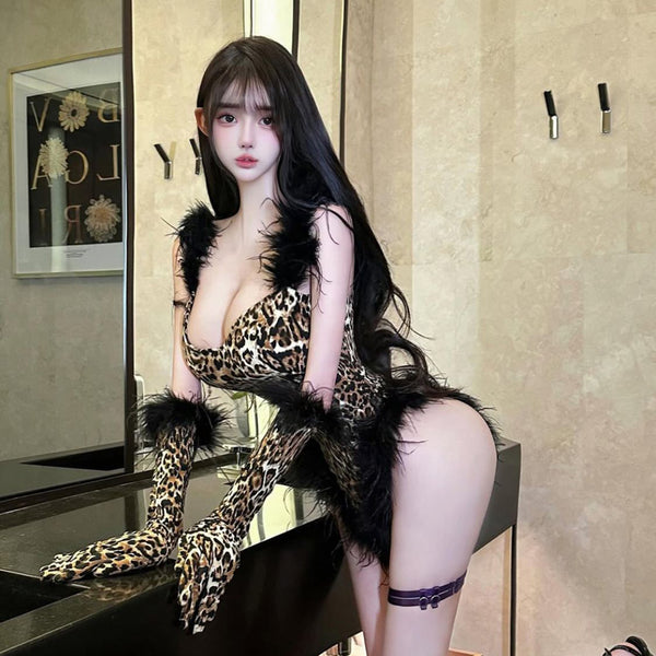 Pure Desire Style Sexy Hot Girl Leopard Print Bodysuit Slim Fit Slimming Inner Wear Outer Wear Short Feather Leopard Print Bodysuit