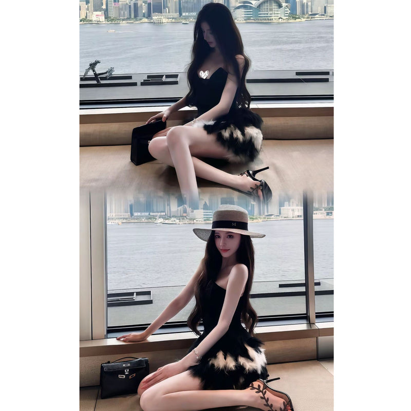 Pure Desire Style Sexy Hot Girl Black Low-Cut Tube Top Dress Summer Slimming Bodycon Furry Color Block Fashion Short Dress