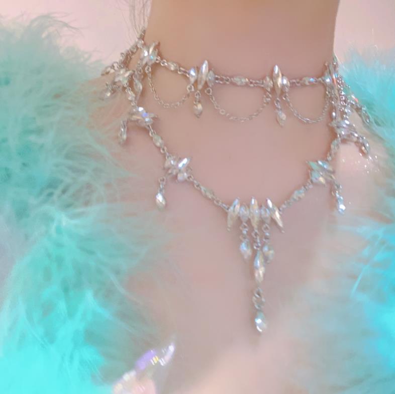 Qingshui Lingzi - Super Fairy Temperament Niche Full Diamond Tassel Design Sense Choker Necklace Party Dress Accessories for Women